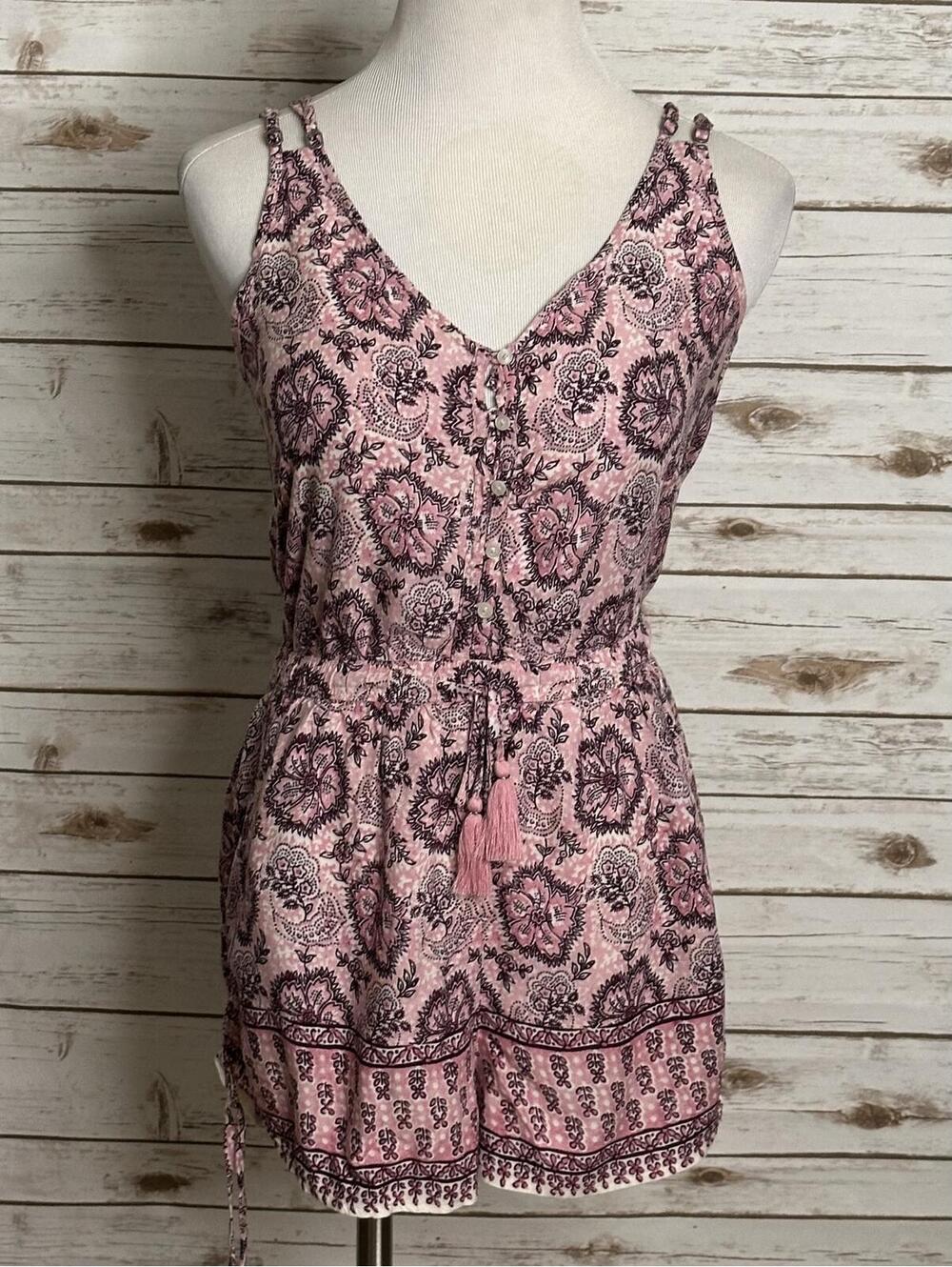 Hollister pink burgundy floral tassel drawstring romper Small boho festival